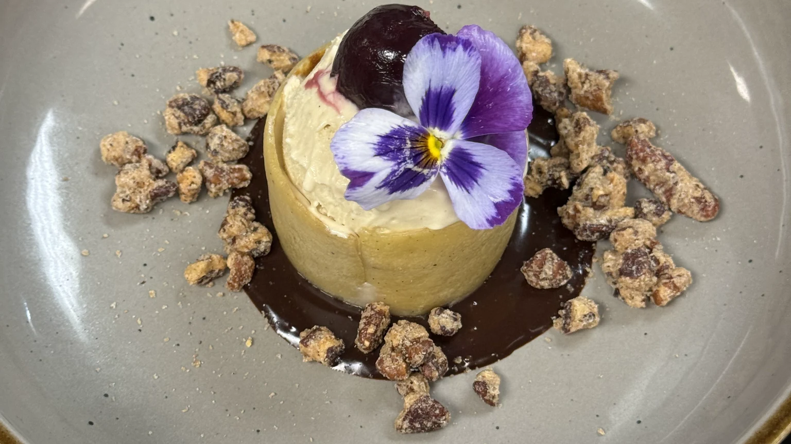 A plated dessert from the October 24 chef dinner at Sandy Point Beach House.